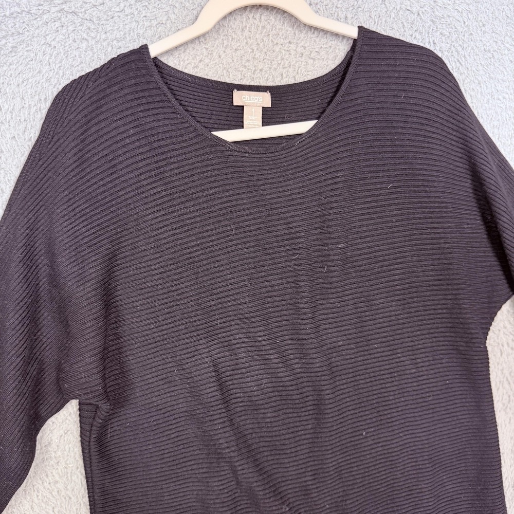 Chico's Sweater Womens 1 Black Ribbed 3/4 Dolman Sleeve Pullover Knit Top - Picture 2 of 13